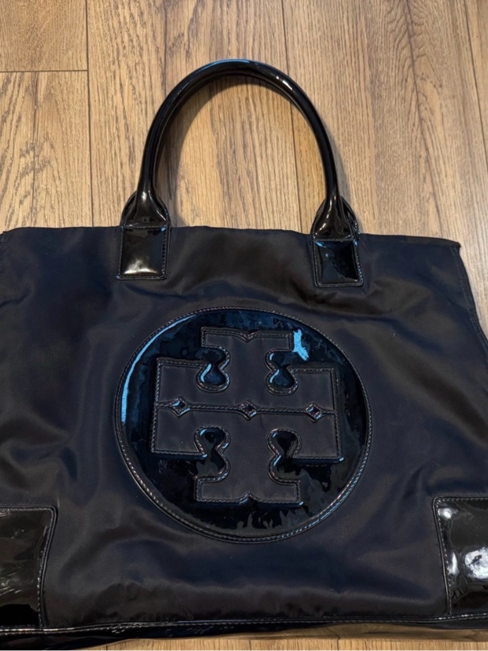 Tory Burch Black Nylon Tote with Patent Logo - Picture 2 of 3